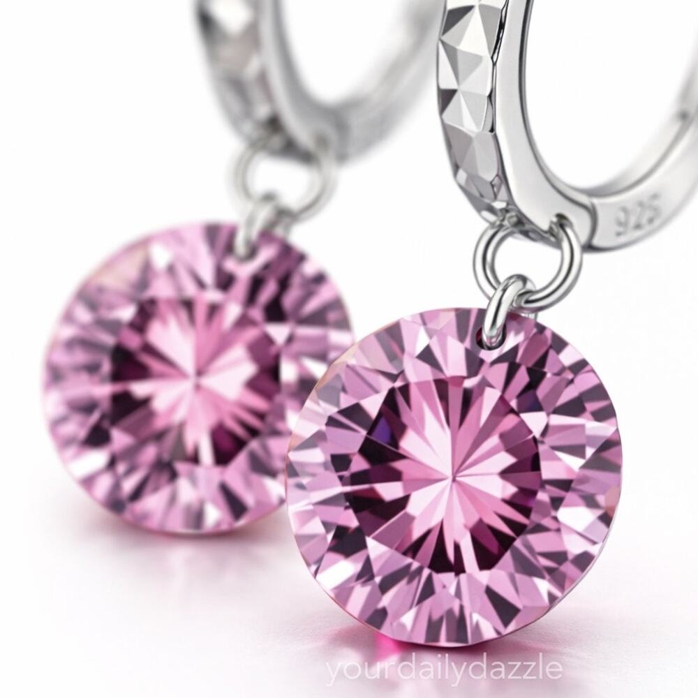 925 Sterling Silver Hoop Earrings Pink Gemstone Dangle Jewelry